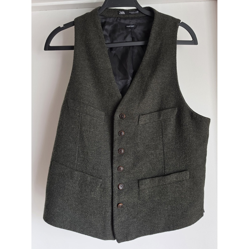 Zara Men Vest M Green Herringbone Formal Sleeveless Collared Classic Gilet